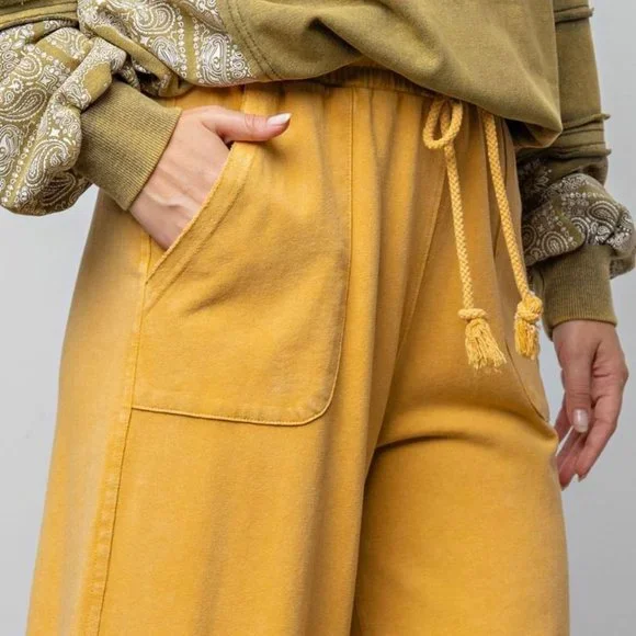 Easel Washed Terry Knit Wide Unfinished Trim Relaxed Mustard Pants - Picture 4 of 5